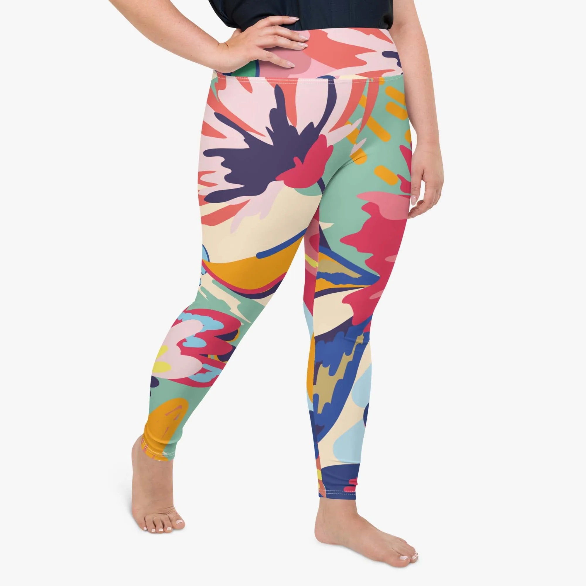 Plus Size Floral Leggings "Flower Splash" Red/Yellow/Blue