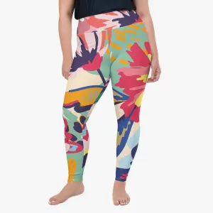 Plus Size Floral Leggings "Flower Splash" Red/Yellow/Blue