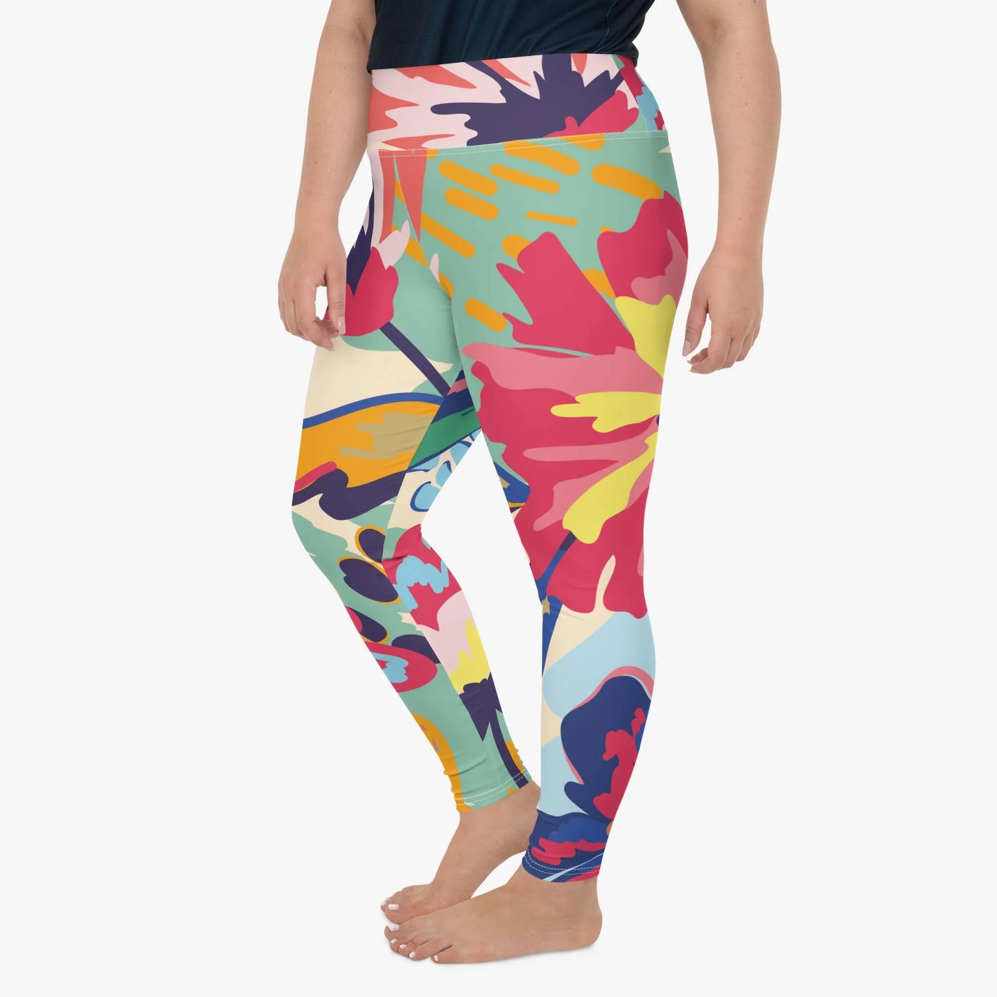 Plus Size Floral Leggings "Flower Splash" Red/Yellow/Blue