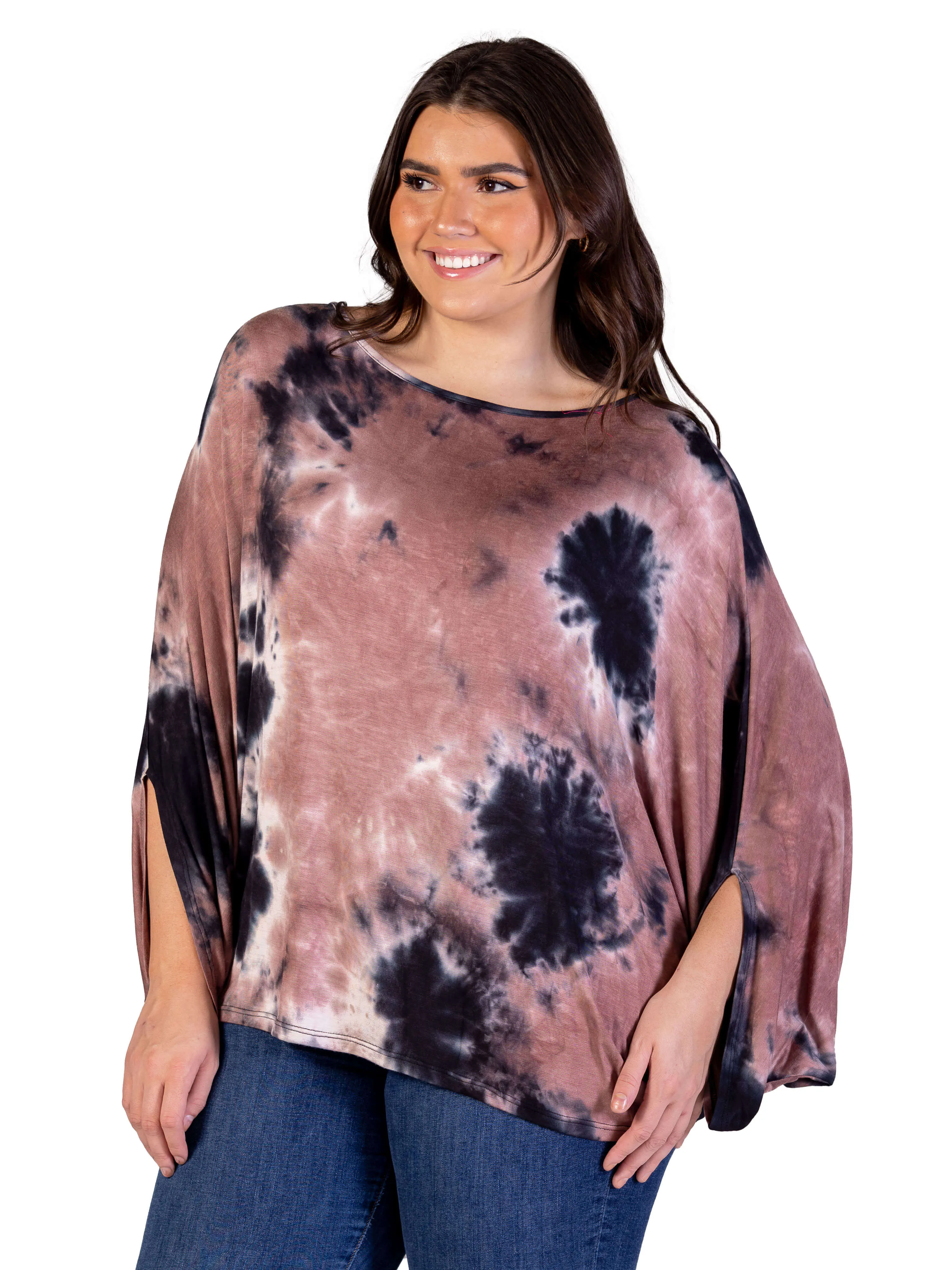 Plus Size Mocha Tie Dye Batwing Sleeve Relaxed Fit Top