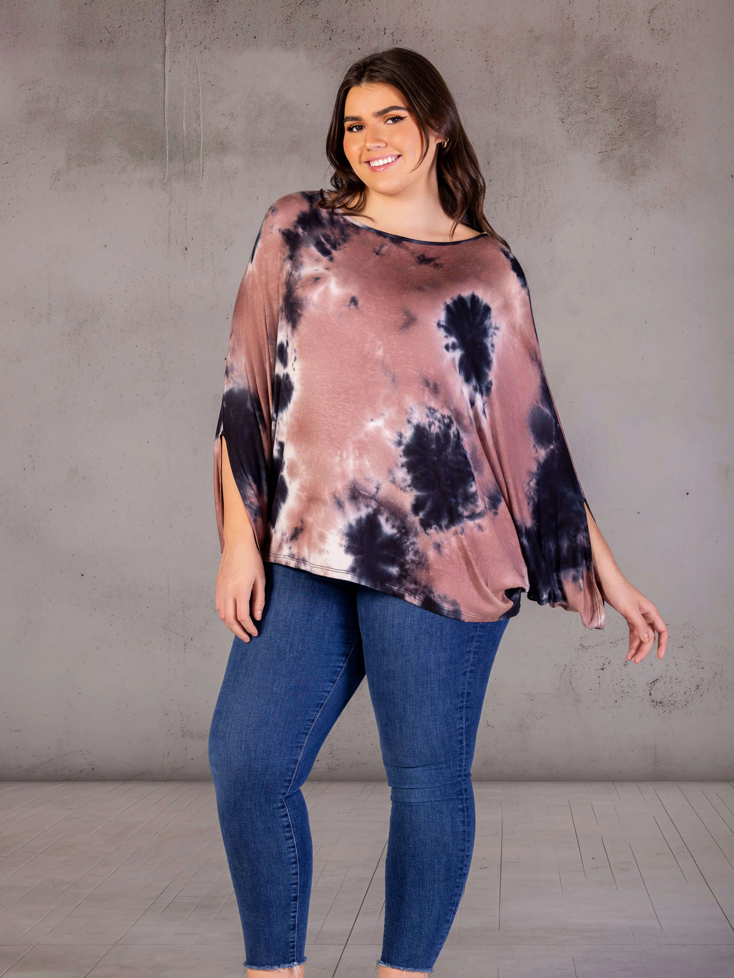 Plus Size Mocha Tie Dye Batwing Sleeve Relaxed Fit Top