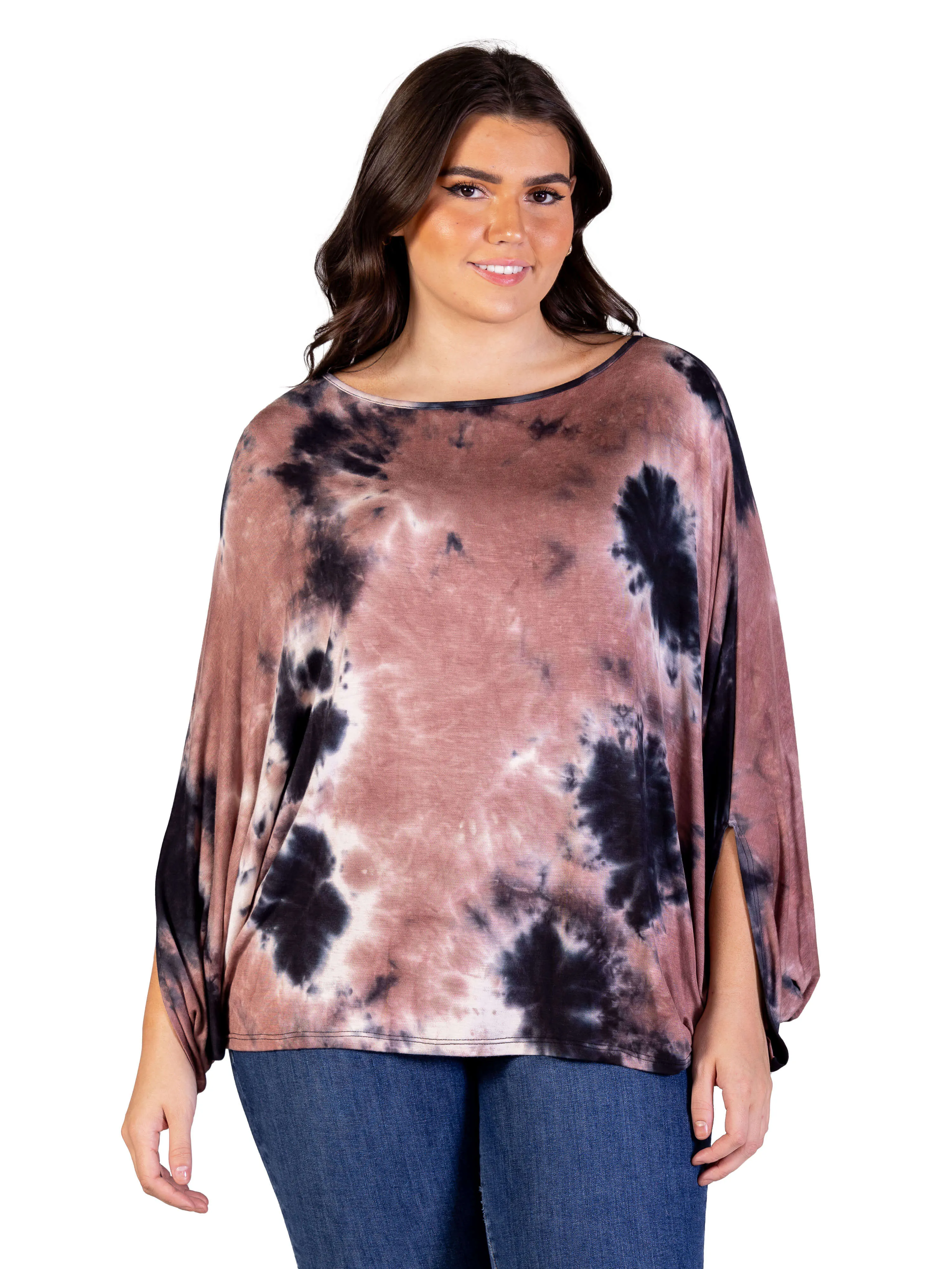 Plus Size Mocha Tie Dye Batwing Sleeve Relaxed Fit Top