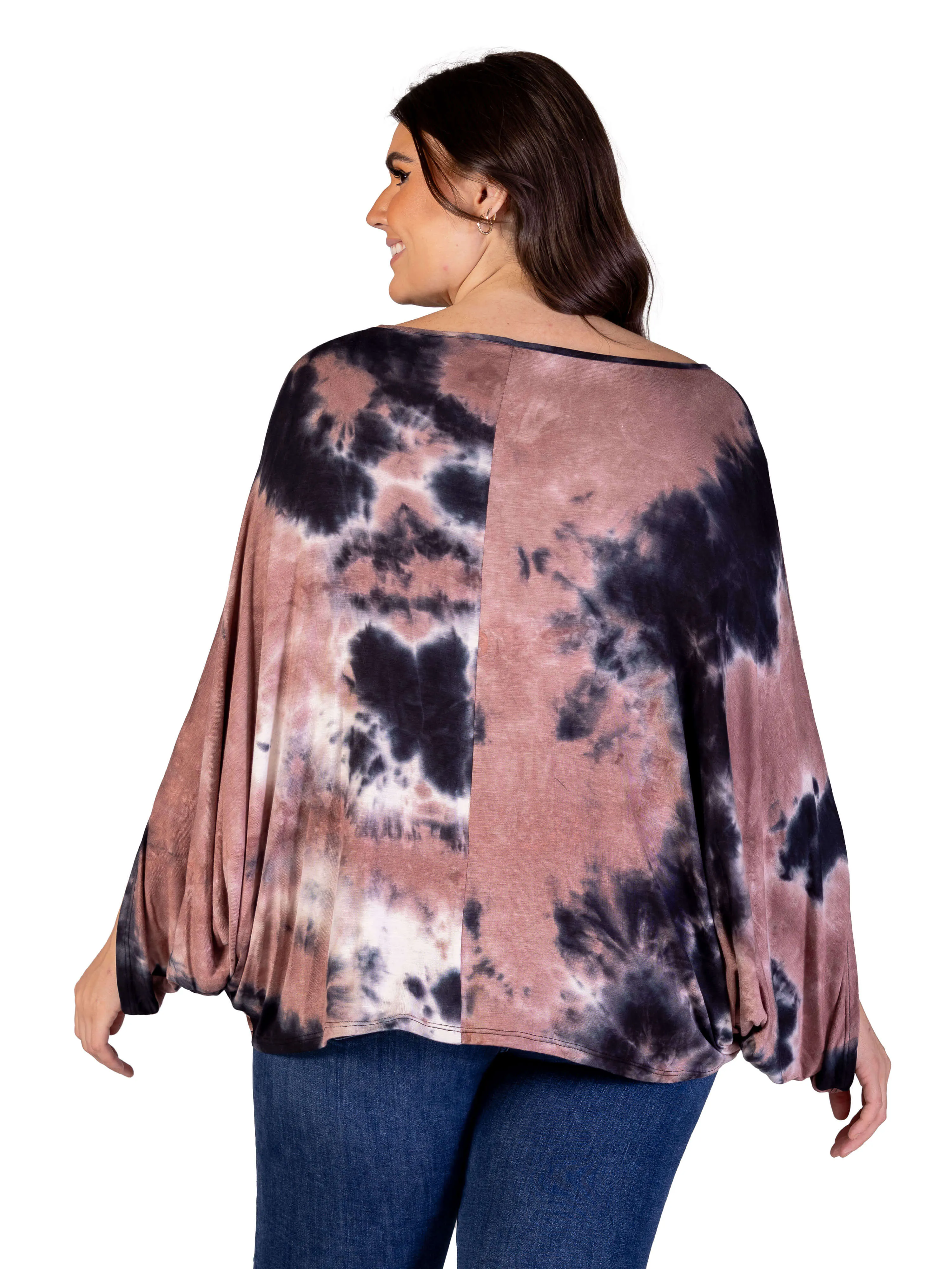 Plus Size Mocha Tie Dye Batwing Sleeve Relaxed Fit Top