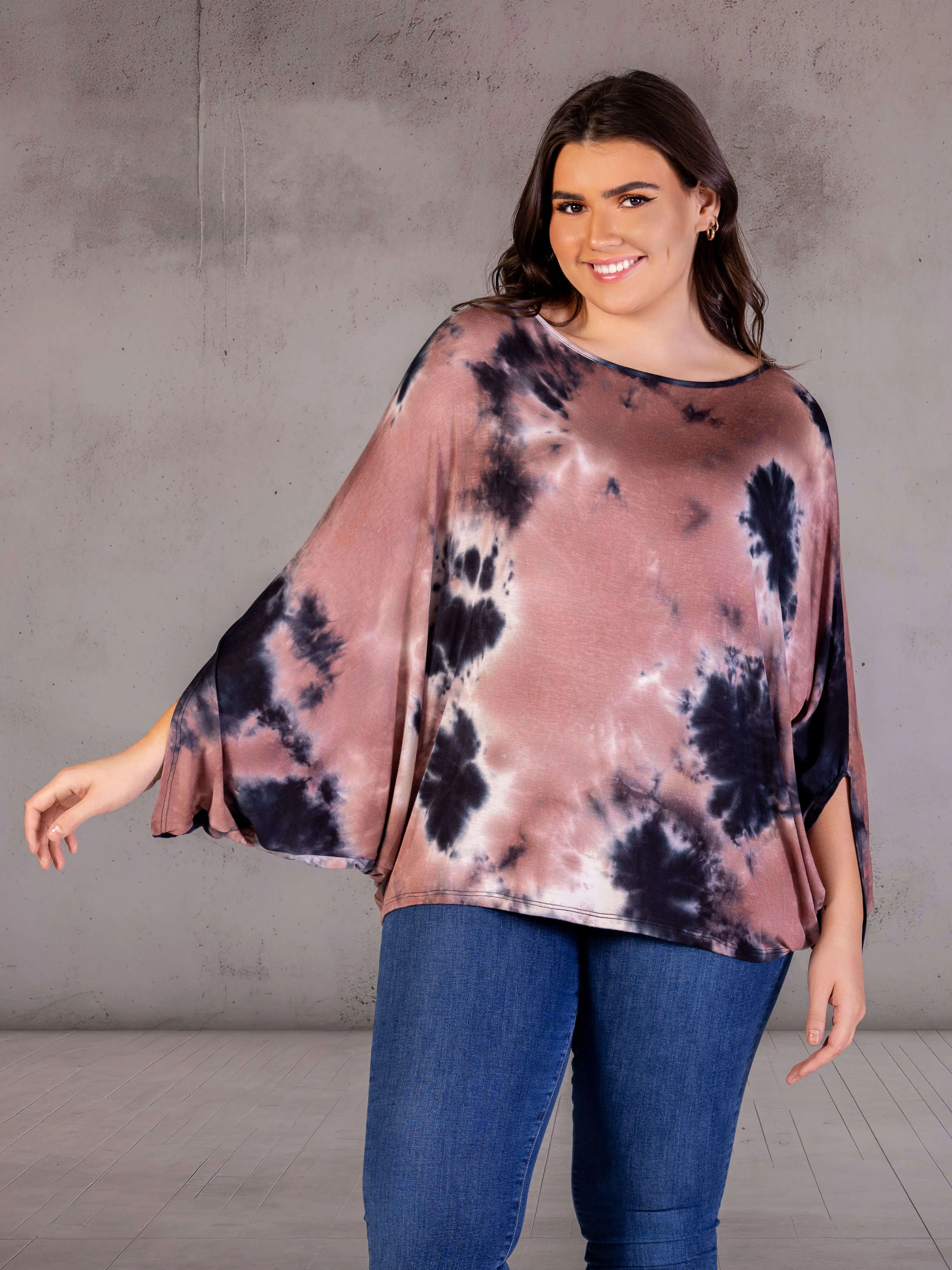 Plus Size Mocha Tie Dye Batwing Sleeve Relaxed Fit Top