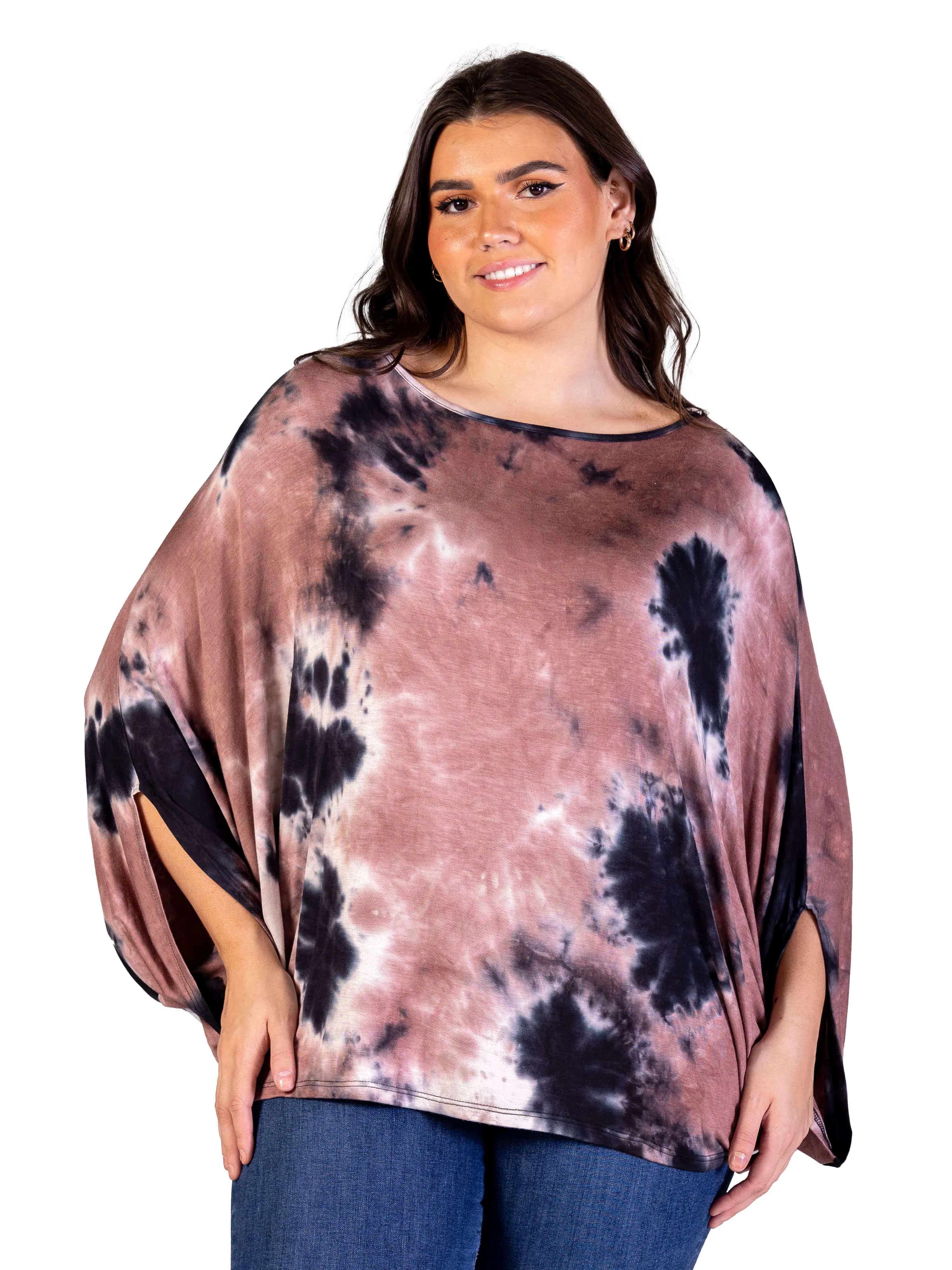 Plus Size Mocha Tie Dye Batwing Sleeve Relaxed Fit Top