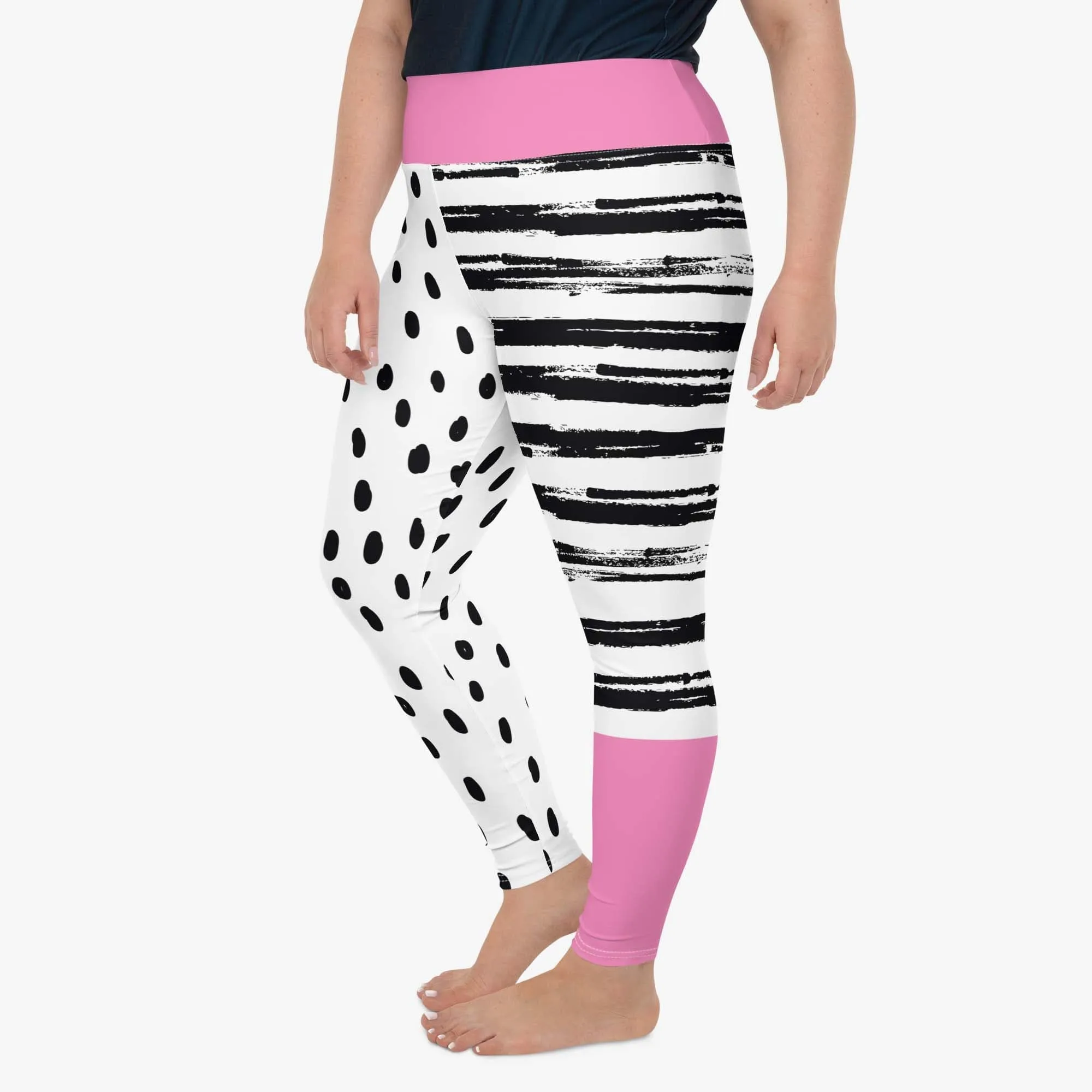 Plus Size Printed Leggings "Dots&Stripes" Pink