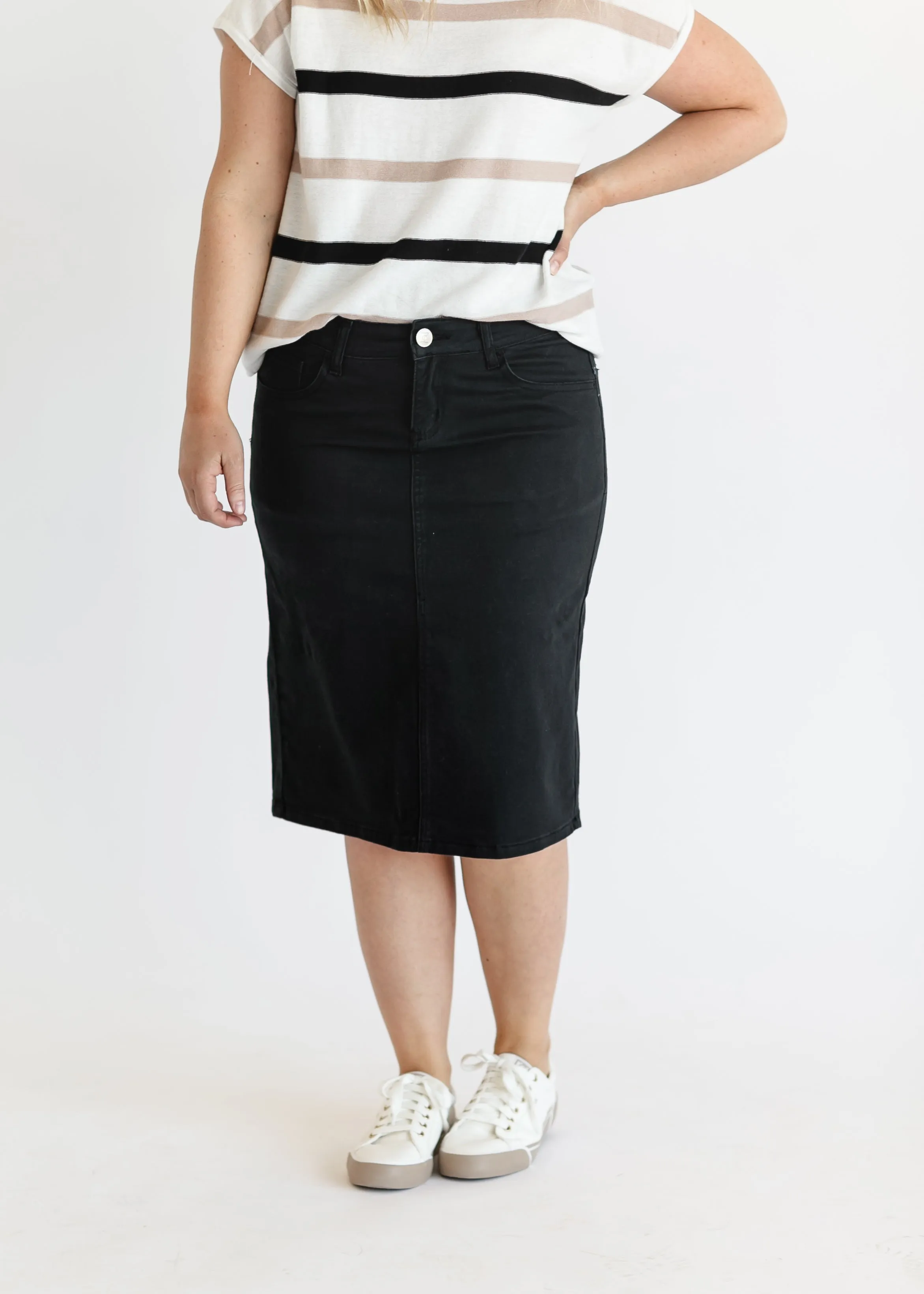 Remi Jet Black Denim Midi Skirt - FINAL SALE