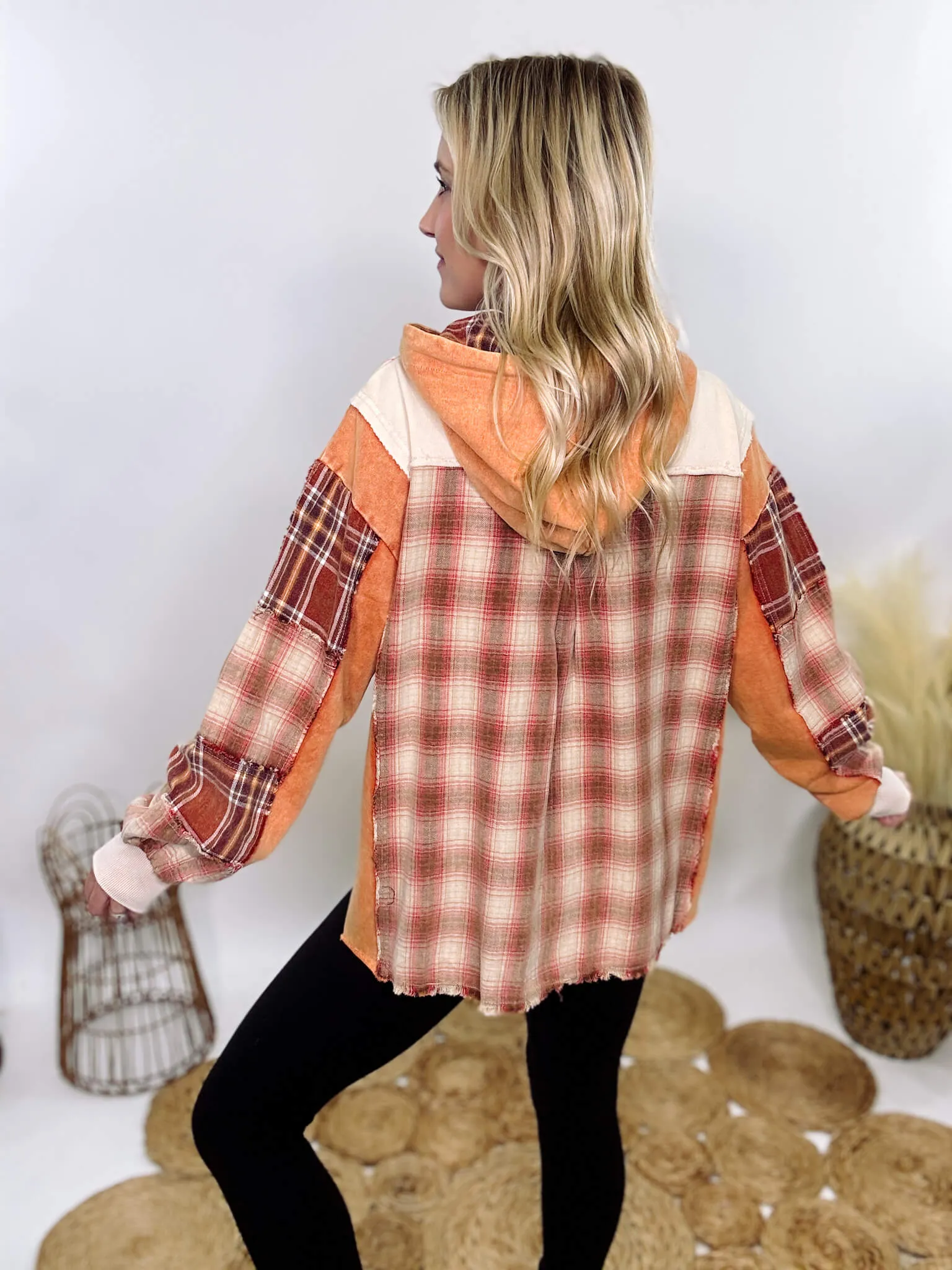 Rusty Brick Mineral Washed Plaid Patchwork Hoodie