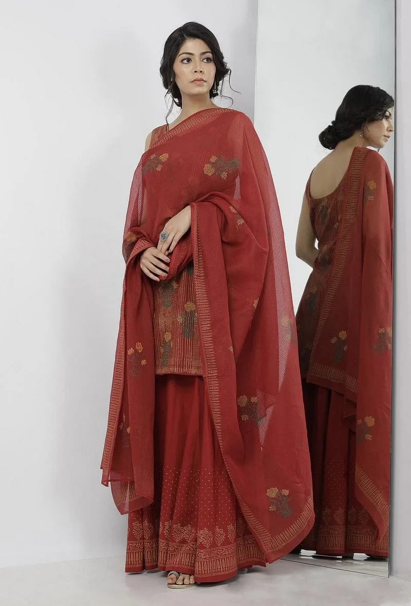 Set of 3: Gerua Maroon Floral Hand-Block Printed Sleeveless Cotton Short Kurta with Printed Cotton Palazzo and Floral Hand-Block Printed Kota Dupatta