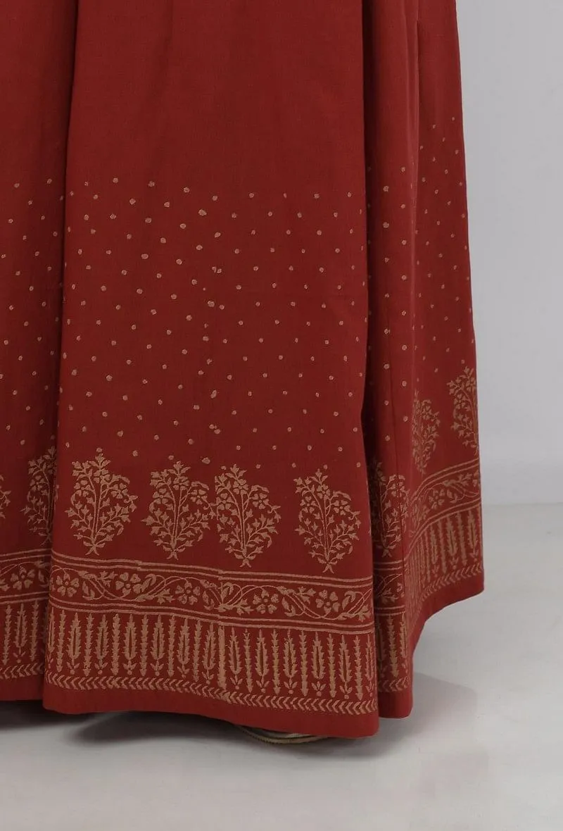 Set of 3: Gerua Maroon Floral Hand-Block Printed Sleeveless Cotton Short Kurta with Printed Cotton Palazzo and Floral Hand-Block Printed Kota Dupatta