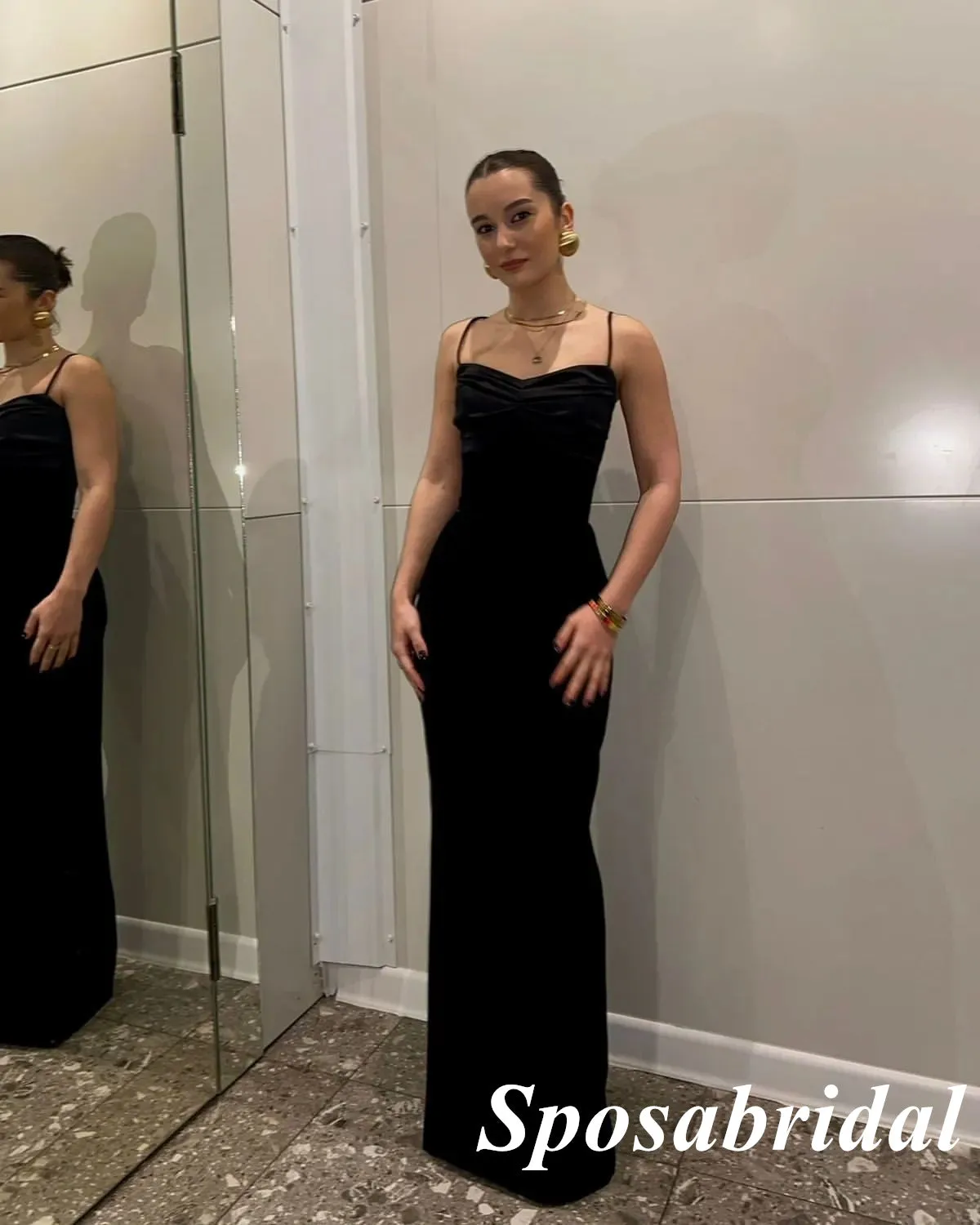 Sexy Black Soft Satin Spaghetti Straps Side Slit Mermaid Long Prom Dresses, PD3872