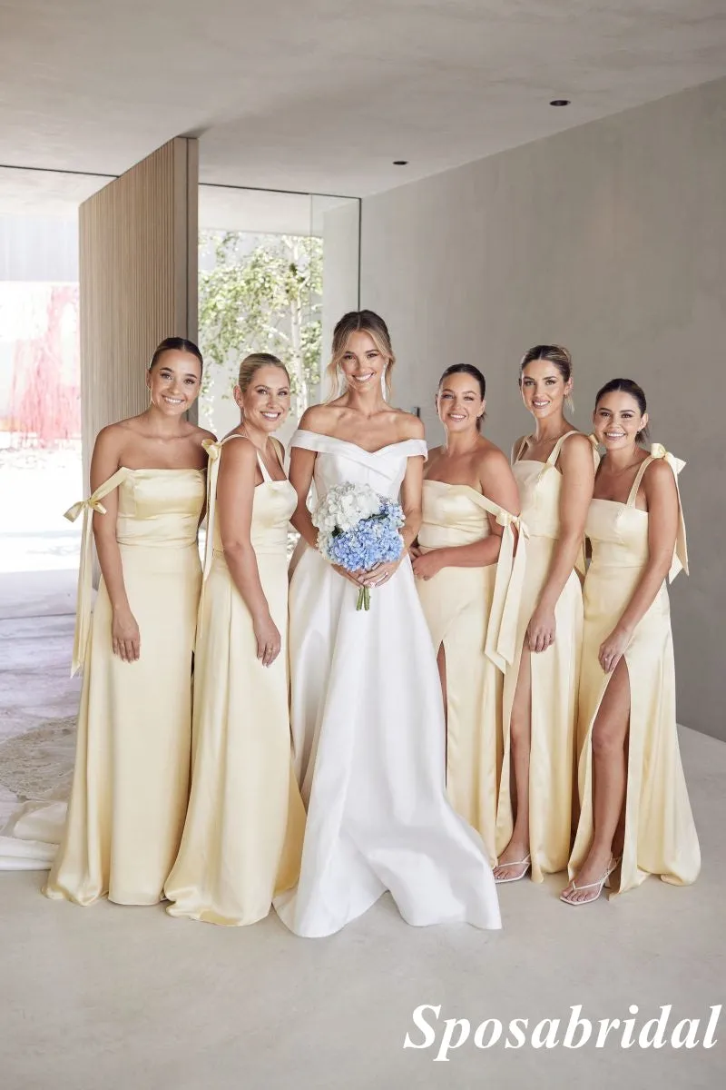 Sexy Soft Satin Off Shoulder Sleeveless Side Slit A-Line Floor Length Bridesmaid Dresses, BD3390