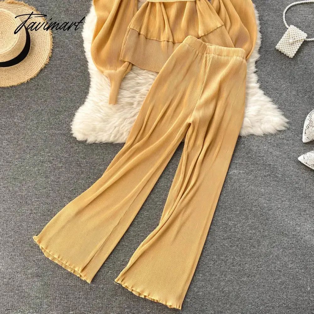 Tavimart Elegant Women Purple Pant Suits Spring Autumn Solid Puff Sleeve Top Pleated Chiffon Wide-Leg Pants 2 Piece Set Female Outfit