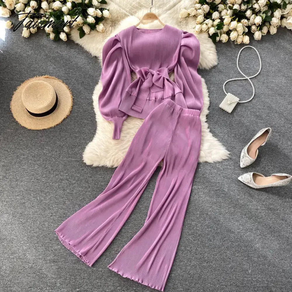 Tavimart Elegant Women Purple Pant Suits Spring Autumn Solid Puff Sleeve Top Pleated Chiffon Wide-Leg Pants 2 Piece Set Female Outfit