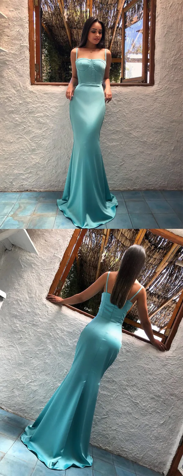 Tiffany Blue Soft Satin Spaghtti Strap Mermaid Fashion Prom Dresses.PD00219