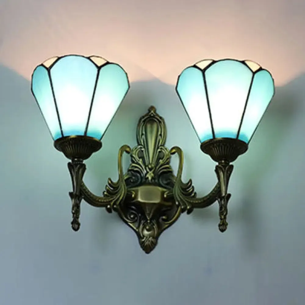 Vintage Loft Stained Glass Cone Wall Sconce Light in White/Blue - 2 Lights for Bedroom