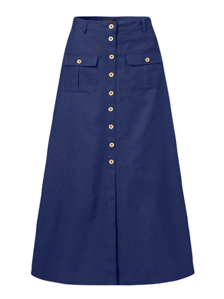 Women Denim Maxi Skirt Vintage Skirts Casual Solid Skirt Oversized