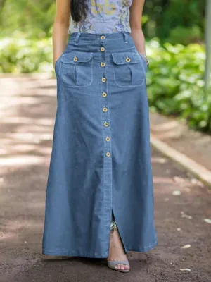 Women Denim Maxi Skirt Vintage Skirts Casual Solid Skirt Oversized