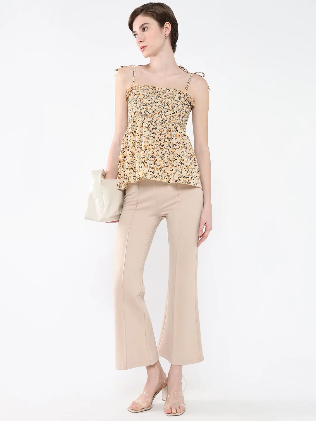 Women Floral Beige Peplum Top