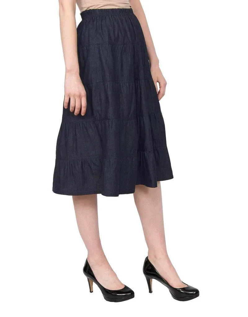 Women's Below the Knee Length 5 Tiered Denim Prairie Skirt